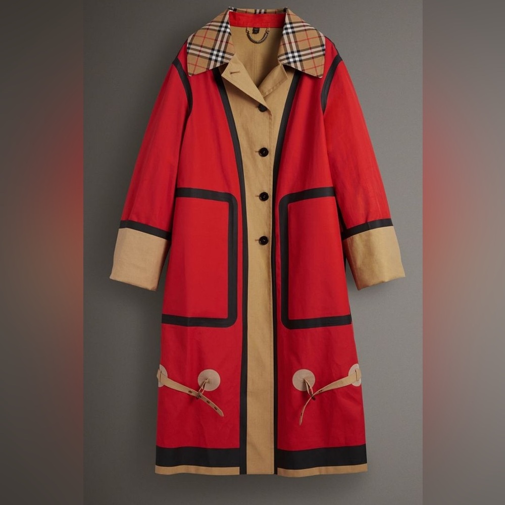 BURBERRY Bonded Cotton Oversized Seam-sealed Car Coat In Red/beige - Picture 1 of 16